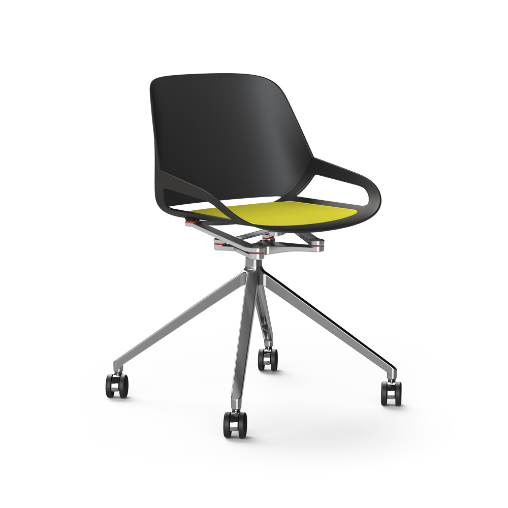 Aeris_Numo_ristikko_pyörät_musta-kiillotettu_keltainen_istuinpehmuste_työtuoli_neuvottelutuoli_asiakastuoli - Edella
