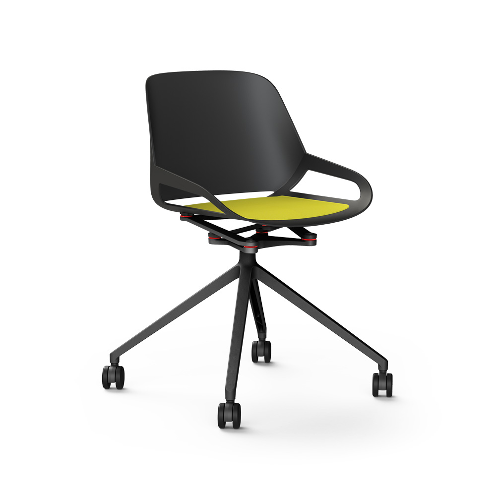 Aeris_Numo_ristikko_pyörät_musta_keltainen_istuinpehmuste_työtuoli_neuvottelutuoli_kokoustuoli_etätyö - Edella