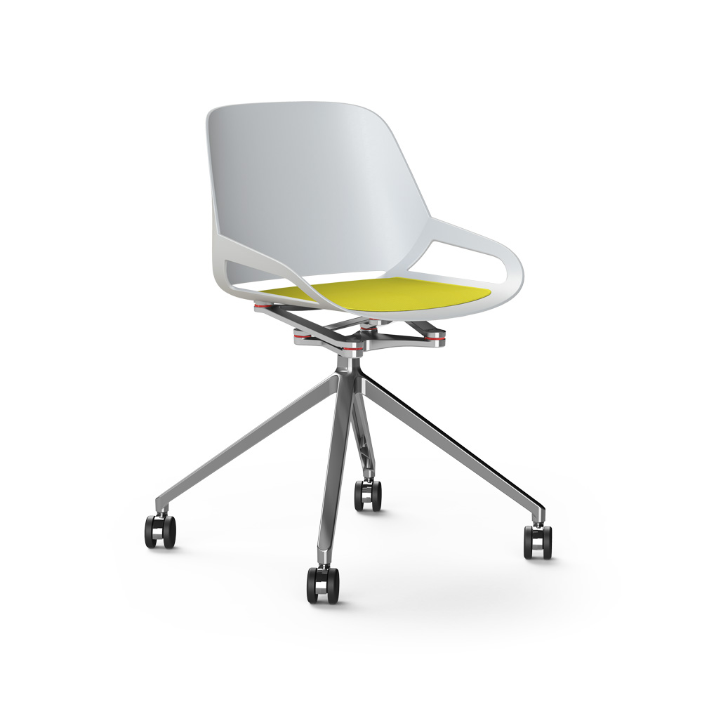 Aeris_Numo_ristikko_pyörät_valkoinen-kiillotettu_keltainen_istuinpehmuste_työtuoli_neuvottelutuoli_etätyö - Edella
