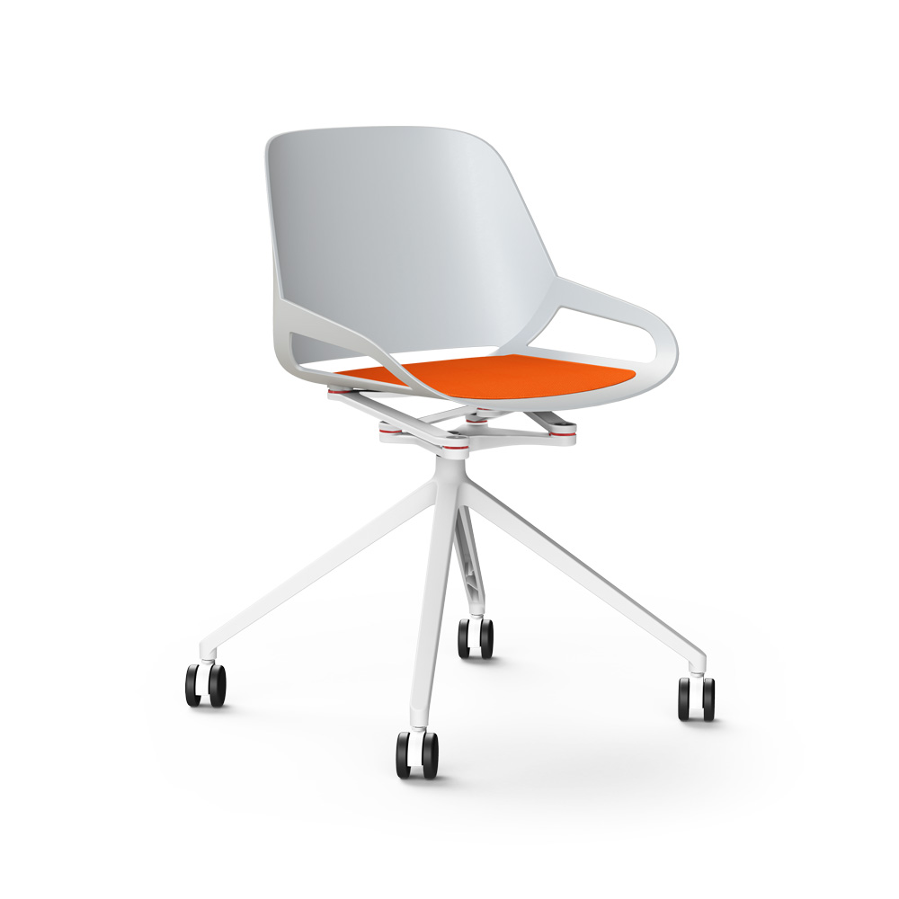 Aeris_Numo_ristikko_pyörät_valkoinen_punainen_istuinpehmuste_työtuoli_neuvottelutuoli_etätyötuoli - Edella