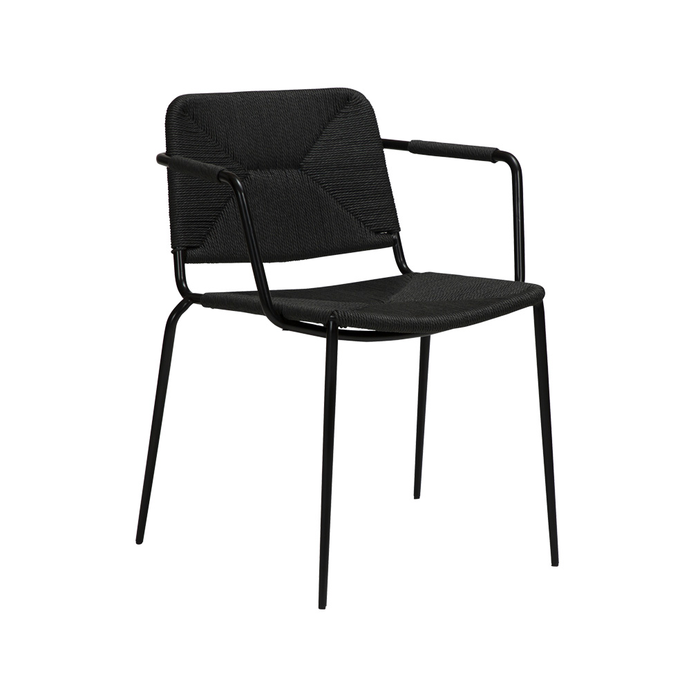 Danform_Stiletto_armchair_ravintolatuoli_kahvilatuoli_musta_käsinojallinen_putkijaloilla_paperinaru_punottu_istuin_01 - Edella