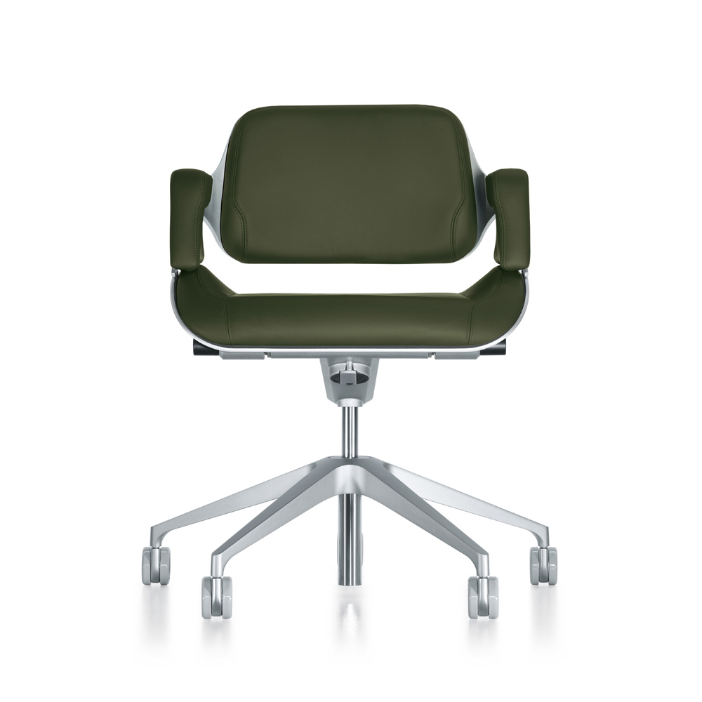 Interstuhl_Silver_162S_työtuoli_toimistotuoli_synchro-mekanismi_kokoustuoli_neuvottelutuoli_hiekkapuhallettu_alumiini_oliivi_nahka_01 - Edella