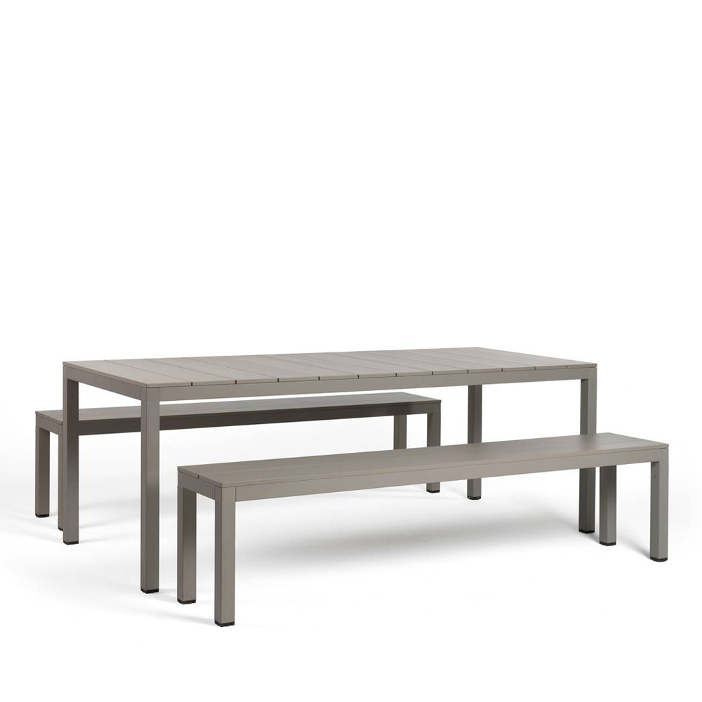 Nardi_Set_Rio_Bench_Alu_Tortora_ruskeanharmaa_ruokapöytäsetti_penkit_ulkoryhmä_terassiryhmä_alumiinia_01 - Edella