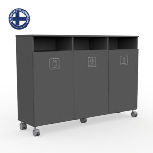 Three-compartment rolling waste sorting cabinet with Plastic, Cardboard, and Mixed Waste compartments; light gray metal, on casters, with Finnish made-in logo in the corner.