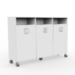 White three-compartment wheeled waste bin for sorting plastic, cardboard, and mixed waste with labeled doors on caster wheels.
