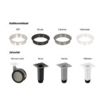 Catalog image showing Aukkorenkaat rings in four finishes: RST, Musta, Harmaa, Valkoinen, and Jalustat legs in four finishes: Harmaa/musta, Musta, Harmaa, Valkoinen.
