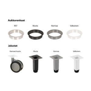 Catalog image showing Aukkorenkaat rings in four finishes: RST, Musta, Harmaa, Valkoinen, and Jalustat legs in four finishes: Harmaa/musta, Musta, Harmaa, Valkoinen.