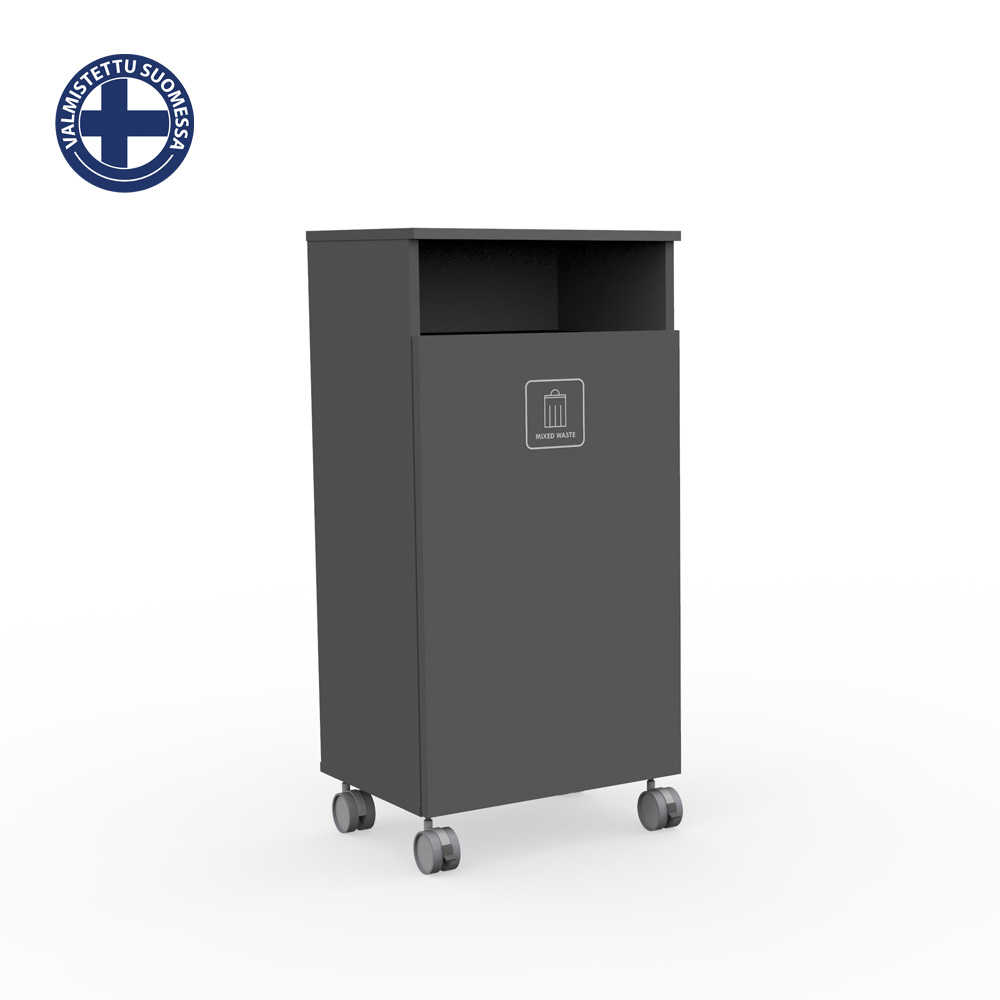 Max_H1_Graphite_grey_jätteiden_lajitteluvaunu_lajittelukaappi_Suomi_01 - Edella Gray wheeled waste bin with an open top compartment and a front label reading 'Mixed Waste'.
