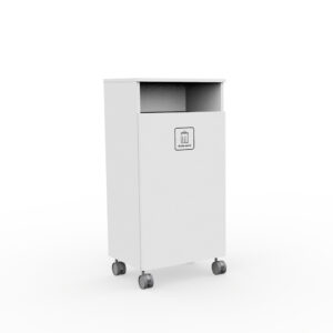 White mobile waste bin on caster wheels with an open top compartment and a 'Mixed Waste' label on the front drawer area.