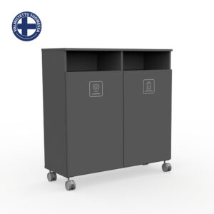 Gray two-compartment mobile waste cabinet on caster wheels with doors labeled Cardboard and Mixed Waste for recycling segregation.