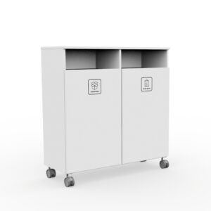 Mobile dual-bin waste cabinet on castors with separate compartments labeled Cardboard and Mixed Waste (icons on doors).