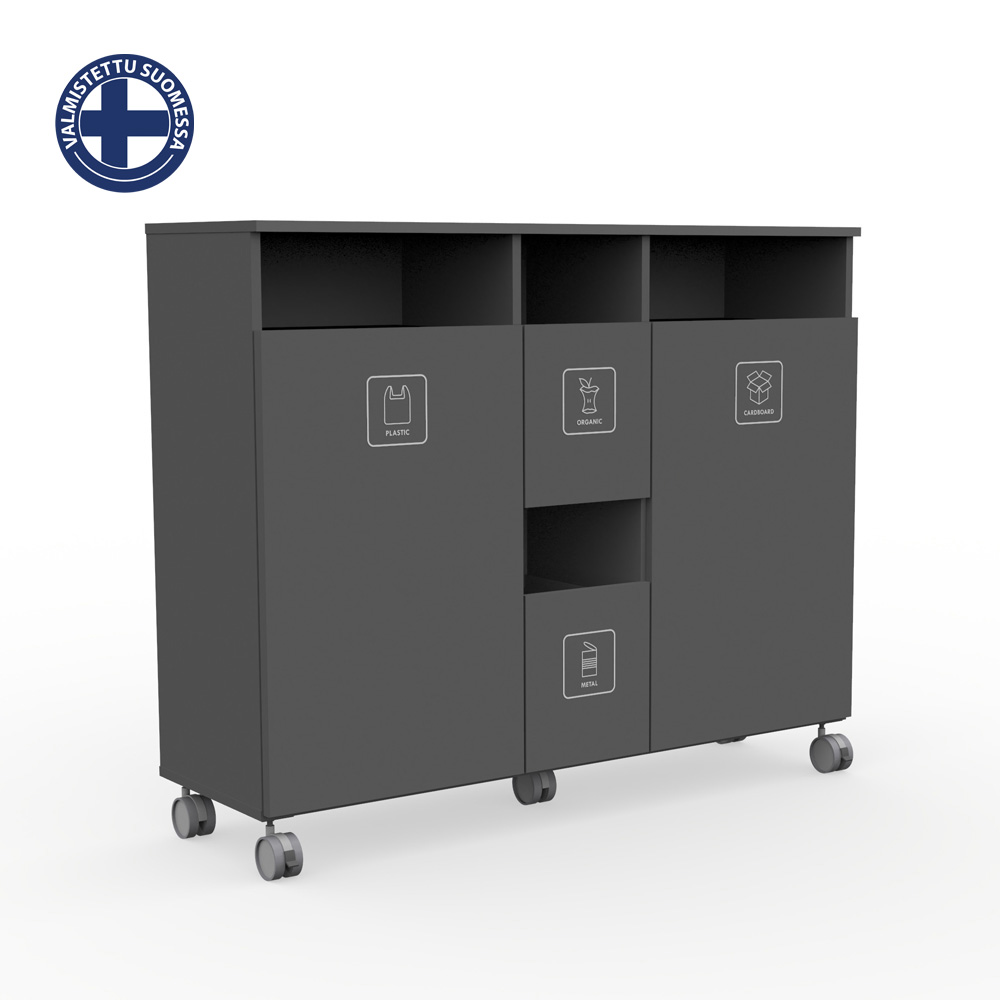 Max_H4_Graphite_grey_jätteiden_lajitteluvaunu_lajittelukaappi_Suomi_01 - Edella Gray mobile waste-sorting cabinet with four labeled compartments: Plastic, Organic, Cardboard, and Metal on wheels.