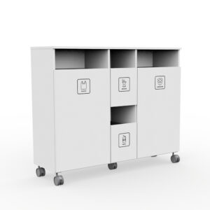 White mobile waste-sorting cabinet on caster wheels with three front bins labeled Plastic, Organic, and Cardboard, plus a bottom metal compartment.