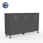Gray three-compartment wheeled recycling unit with labels for Cardboard, Plastic, and Bottles & Cans