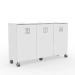 Three-compartment wheeled recycling cabinet labeled Cardboard, Plastic, and Bottles & Cans on each door.