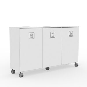 Three-compartment wheeled recycling cabinet labeled Cardboard, Plastic, and Bottles & Cans on each door.