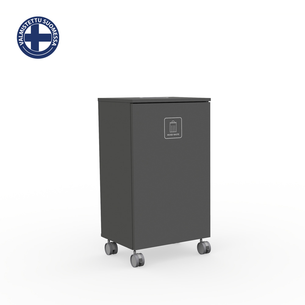 Max_Large_L1_Graphite_grey_jätteiden_lajitteluvaunu_lajittelukaappi_Suomi_01 - Edella Grey wheeled waste bin labeled 'Mixed Waste' on a white background, with a logo in the top-left corner.
