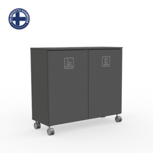 Two-compartment recycling cart on casters labeled Bottles & Cans and Mixed Waste on a white background.