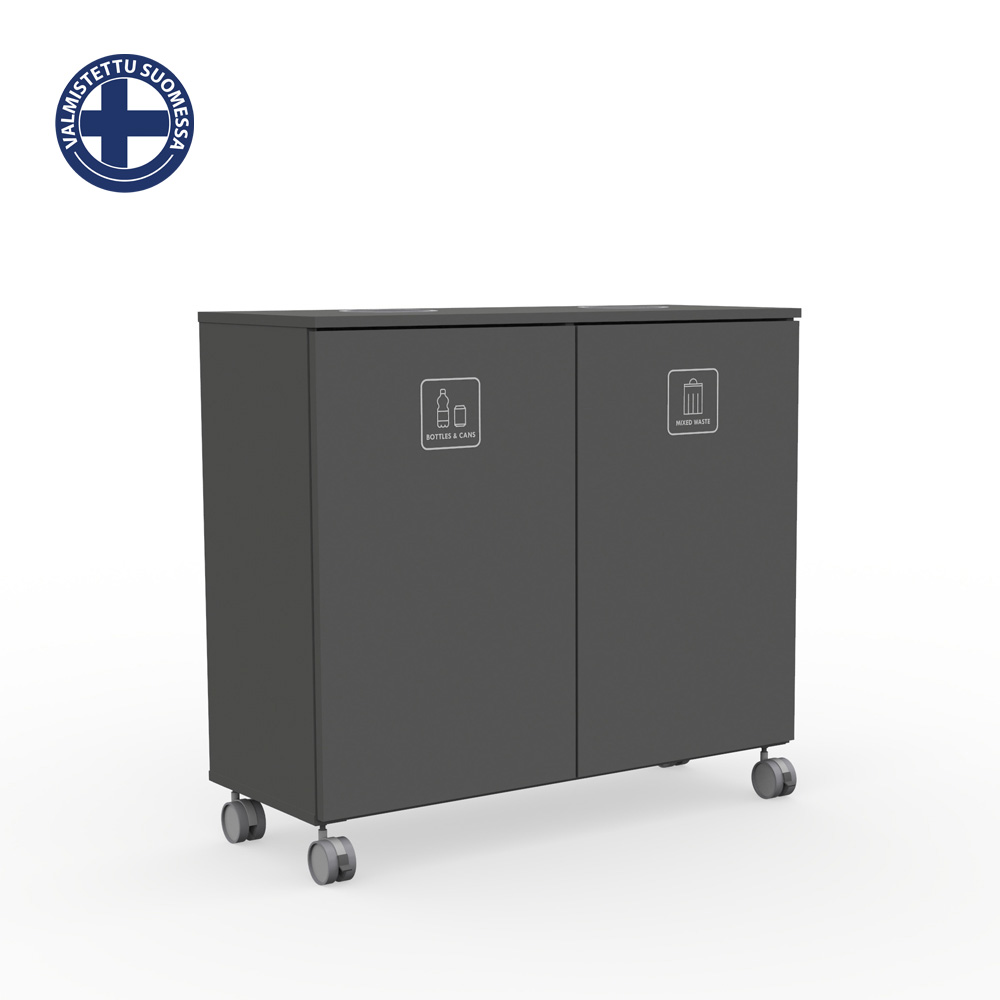 Max_Large_L2_Graphite_grey_jätteiden_lajitteluvaunu_lajittelukaappi_Suomi_01 - Edella Two-compartment recycling cart on casters labeled Bottles & Cans and Mixed Waste on a white background.