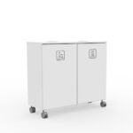 White dual-compartment wheeled waste station with labels for bottles & cans and mixed waste