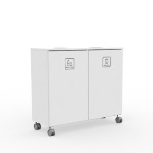 White dual-compartment wheeled waste station with labels for bottles & cans and mixed waste