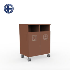 Brown two-bin recycling cart on wheels with open top compartments labeled 'Plastic' and 'Cardboard'