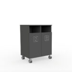 Gray dual-compartment wheeled recycling cabinet with open top and two labeled bins: Plastic and Cardboard