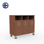 Three-compartment brown wheeled recycling bin with open tops, labeled Mixed Waste, Plastic, and Cardboard (recycling sorter).