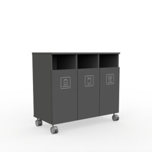Three-compartment recycling cart with wheels, labeled Mixed Waste, Plastic, and Cardboard.