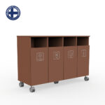 Brown four-bin waste sorting cabinet on wheels with labels for cardboard, paper, glass, and metal; logo in the top-left corner.
