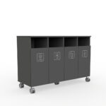 Gray wheeled four-bin recycling cart with labeled compartments: Cardboard, Paper, Glass, and Metal (top open sections for sorting)