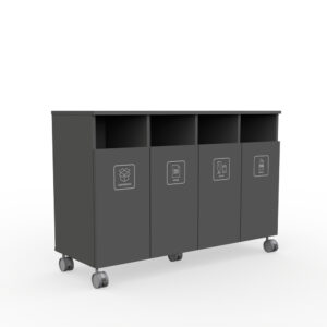 Gray wheeled four-bin recycling cart with labeled compartments: Cardboard, Paper, Glass, and Metal (top open sections for sorting)