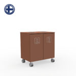 Brown two-compartment wheeled waste cart with 'Mixed Waste' and 'Organic' labels on each door, shown on a white background.