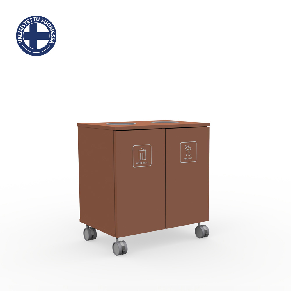 Max_Medium_L2_Deep_sahara_jätteiden_lajitteluvaunu_lajittelukaappi_Suomi_01 - Edella Brown two-compartment wheeled waste cart with 'Mixed Waste' and 'Organic' labels on each door, shown on a white background.
