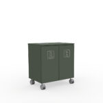 Two-compartment green waste bin on wheels for sorting waste: one side for Mixed Waste, the other for Organic materials.