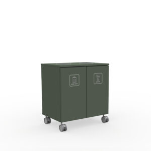 Two-compartment green waste bin on wheels for sorting waste: one side for Mixed Waste, the other for Organic materials.