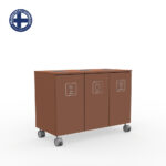 Brown three-compartment recycling cart on wheels labeled Organic, Plastic, Cardboard; Made in Finland logo in top-left.