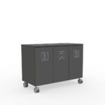 Three-compartment gray wheeled recycling cart labeled Organic, Plastic, and Cardboard.