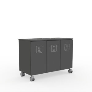Three-compartment gray wheeled recycling cart labeled Organic, Plastic, and Cardboard.