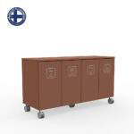 Four-bin, brown wheeled waste sorting cart with labels for Organic, Cardboard, Plastic, and Bottles & Cans (logo in top-left).