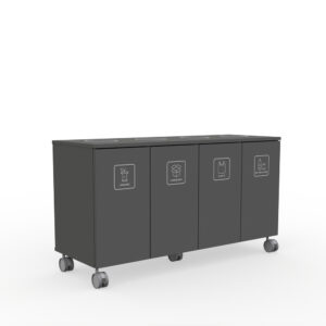 Four-bin recycling cart on wheels with labels: Organic, Cardboard, Plastic, Bottles & Cans, and circular openings on top for sorting waste.