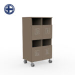 Brown wheeled storage cabinet with four labeled front doors for glass, metal, light sources, and batteries, plus two top open compartments. A Finnish-made logo appears in the top-left corner.