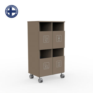 Brown wheeled storage cabinet with four labeled front doors for glass, metal, light sources, and batteries, plus two top open compartments. A Finnish-made logo appears in the top-left corner.