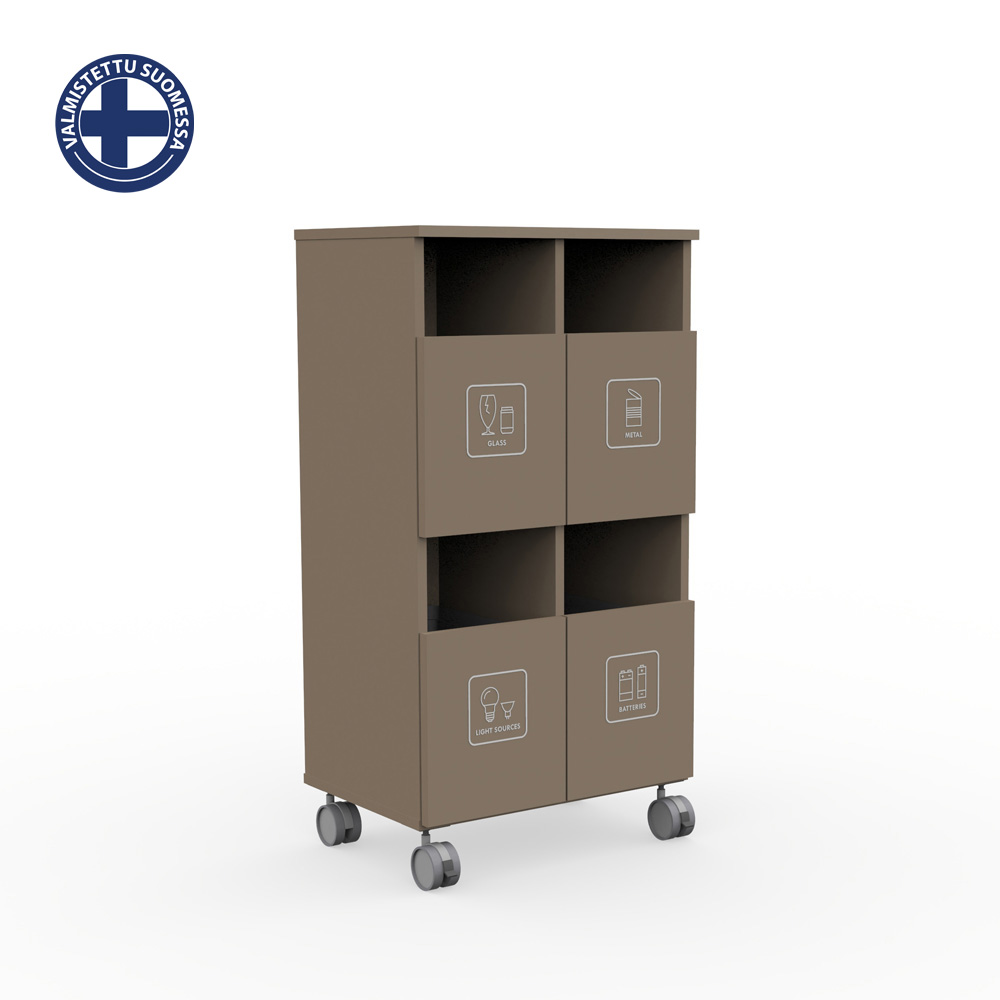 Max_Small_H4_Cappucino_jätteiden_lajitteluvaunu_lajittelukaappi_Suomi_01 - Edella Brown wheeled storage cabinet with four labeled front doors for glass, metal, light sources, and batteries, plus two top open compartments. A Finnish-made logo appears in the top-left corner.