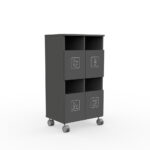 Gray wheeled storage cabinet with six labeled bins, two upper open shelves and two lower doors for glass, metal, light sources, and batteries disposal.