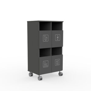 Gray wheeled storage cabinet with six labeled bins, two upper open shelves and two lower doors for glass, metal, light sources, and batteries disposal.