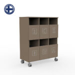 Brown wheeled multi-bin recycling sorter with six labeled compartments (Organic, Plastic, Cardboard, Metal, Glass, Bottles & Cans) and open top row.