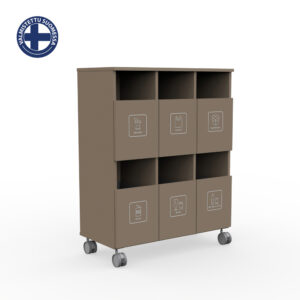 Brown wheeled multi-bin recycling sorter with six labeled compartments (Organic, Plastic, Cardboard, Metal, Glass, Bottles & Cans) and open top row.