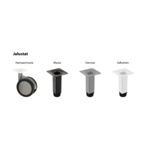Caster wheel with mounting plate on the left, then black, gray, and white square furniture legs for support.