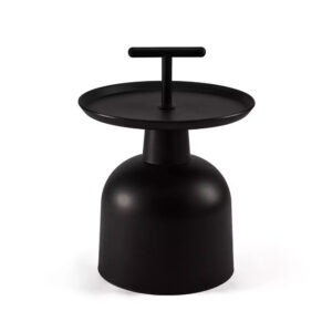 Black matte soap dispenser with a wide circular pump head on a rounded bottle base on a white background.